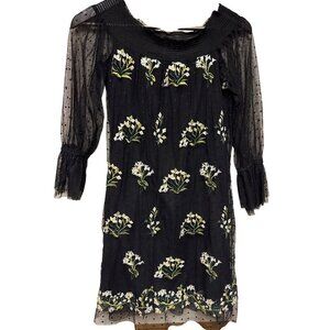Lucy Paris Women's Dress Embroidered Black Floral Overlay Smock Neck XS Short